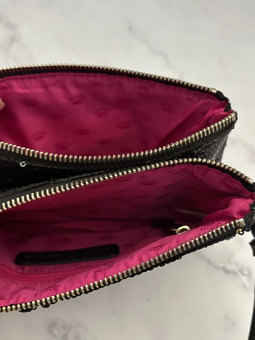 Juicy Couture Black Gold Sequin Double Zip Wristlet Clutch Wallet Tassel Bag